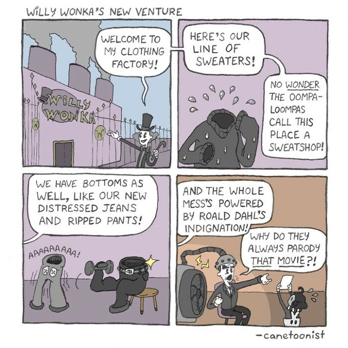 Retro-style comic by Canetoonist featuring a humorous take on W***y Wonka's clothing factory.