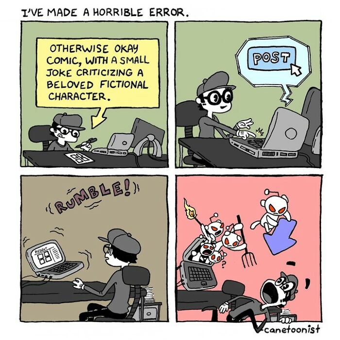 Retro-style comic by Canetoonist shows a character posting online, then fearing angry reactions from internet users.