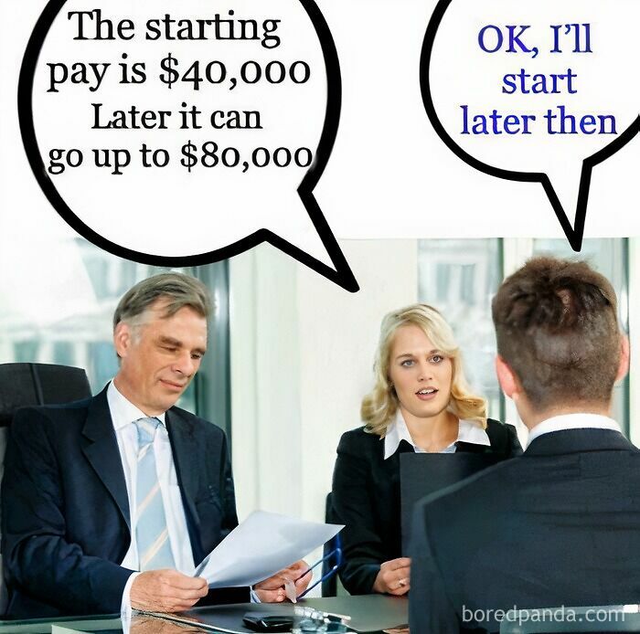 Job interview comic where a candidate jokes about starting later for a higher salary.