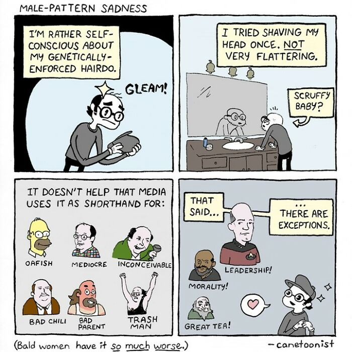 Retro-style comic by Canetoonist about male-pattern baldness with humorous commentary on stereotypes and exceptions.
