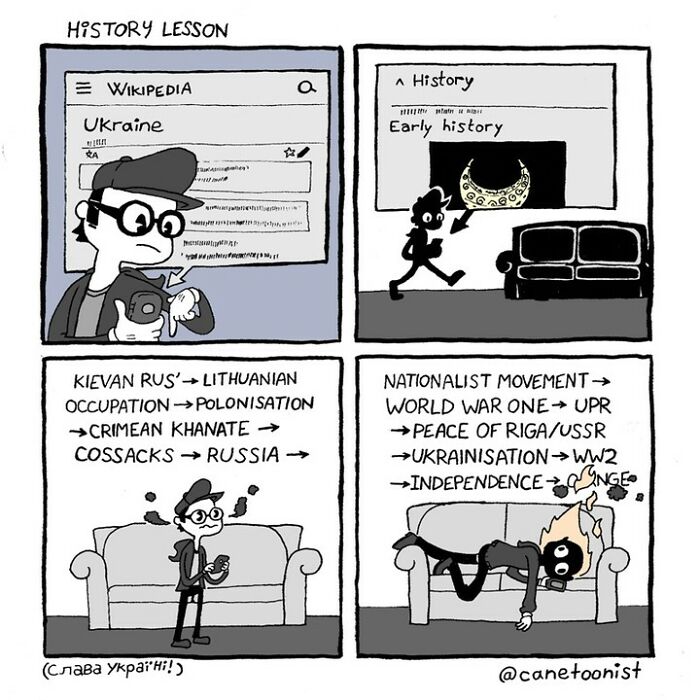 Retro-style comic by Canetoonist showing a history lesson with humorous panels on Ukraine's timeline.