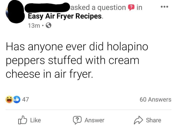 Social media post with misspelled word "holapino" asking about air fryer recipes.