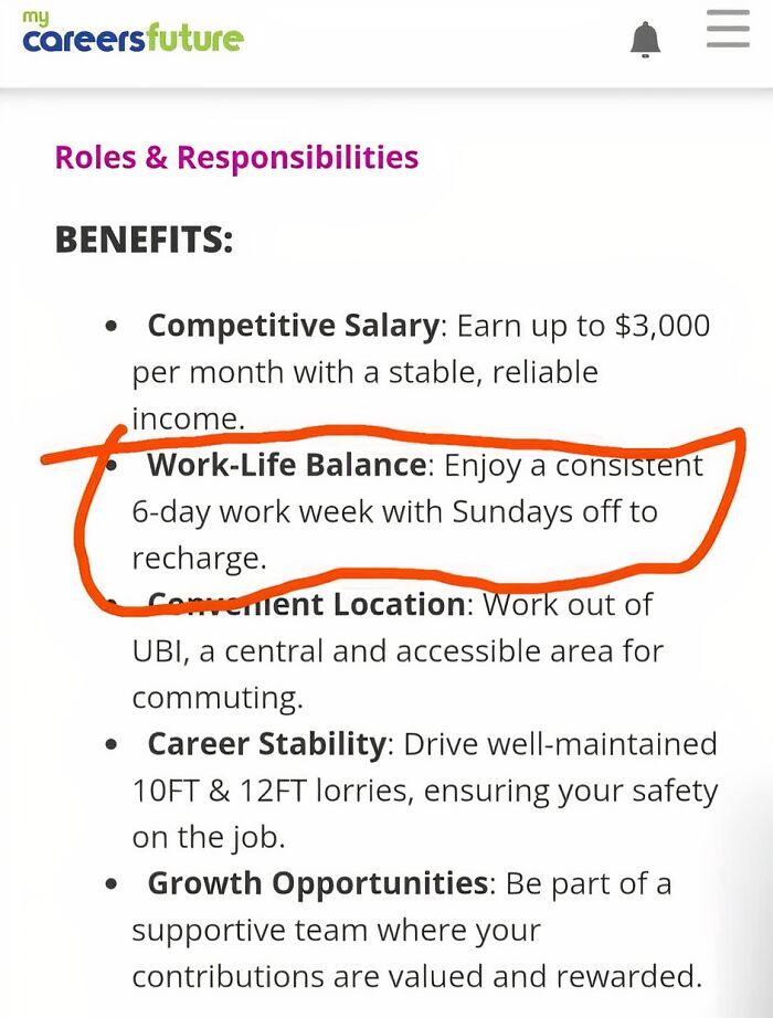 Job listing highlighting a "work-life balance" benefit, offering a 6-day workweek with Sundays off for recharging.