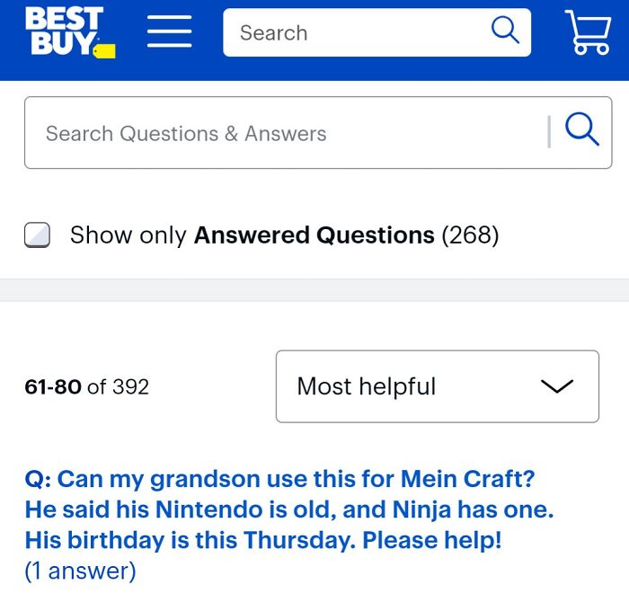 "Best Buy Q&A page showing a question with ridiculous word spelling 'Mein Craft'."