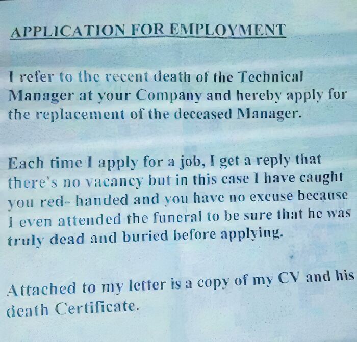 Bizarre job application letter referencing a manager's death, highlighting a "recruiting hell" scenario.