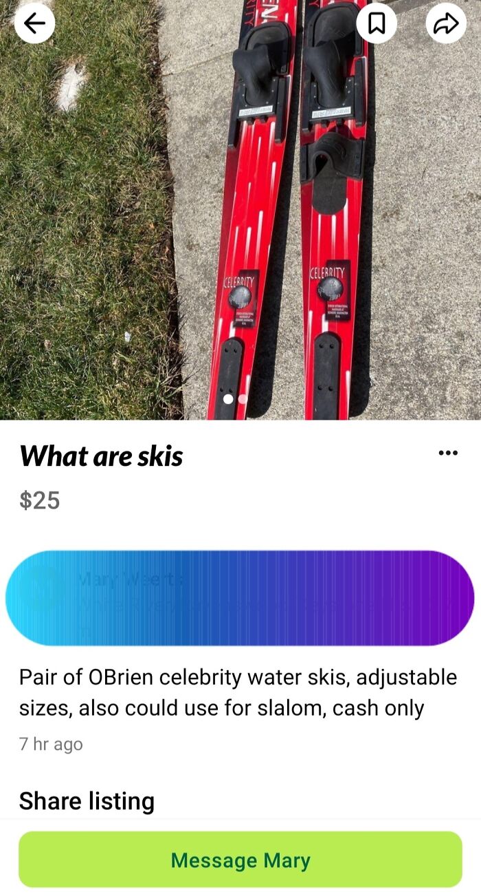 Pair of red water skis labeled "What are skis" with humorous misspelling.
