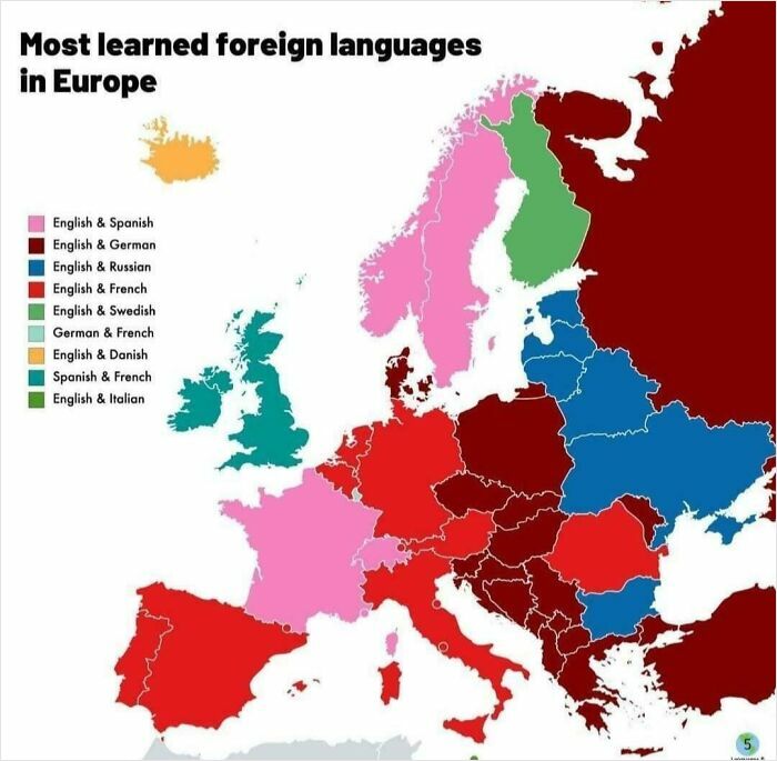 Map showcasing most learned foreign languages in Europe by country.