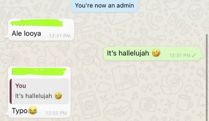 Text exchange with a humorous misspelling corrected, featuring a classic example of ridiculous word spellings.