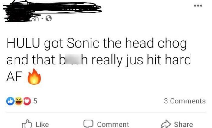 Social media post with misspelled words making grammar police cringe, featuring humorous take on Sonic the Hedgehog.