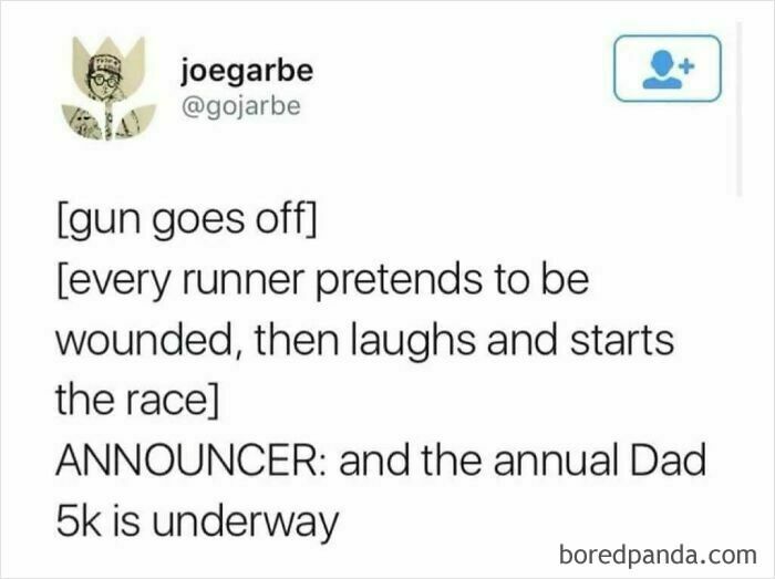 Funny uplifting meme about a playful start to an annual 5k race, with runners pretending to be wounded before starting.