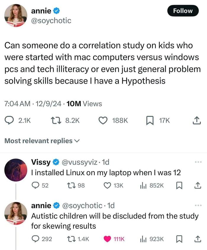 Tweet exchange showcasing hilarious clever comebacks about tech skills and correlation studies.