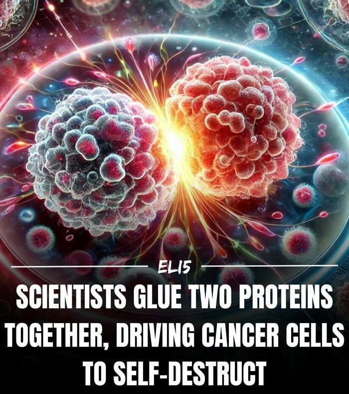 Two vibrant cancer cells with text explaining a simplified scientific breakthrough for self-destruction of cancer cells.