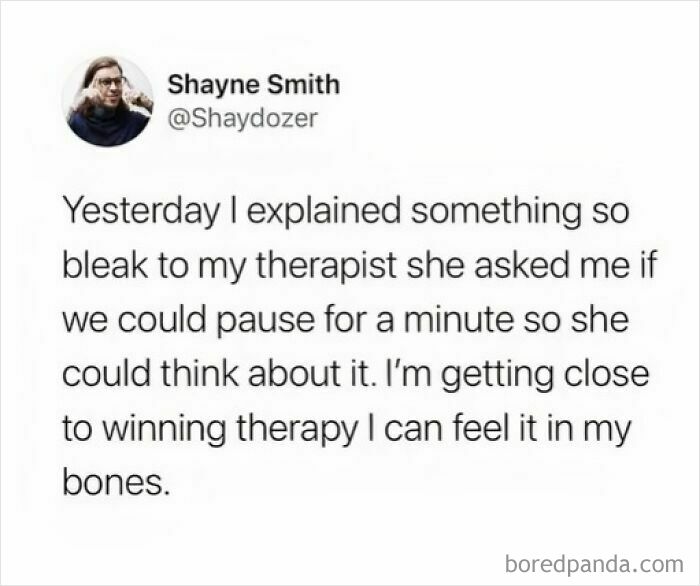 Relatable mental health meme about therapy breakthrough.