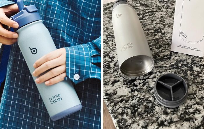 Person holding a clever water bottle invention, wearing a blue plaid shirt.