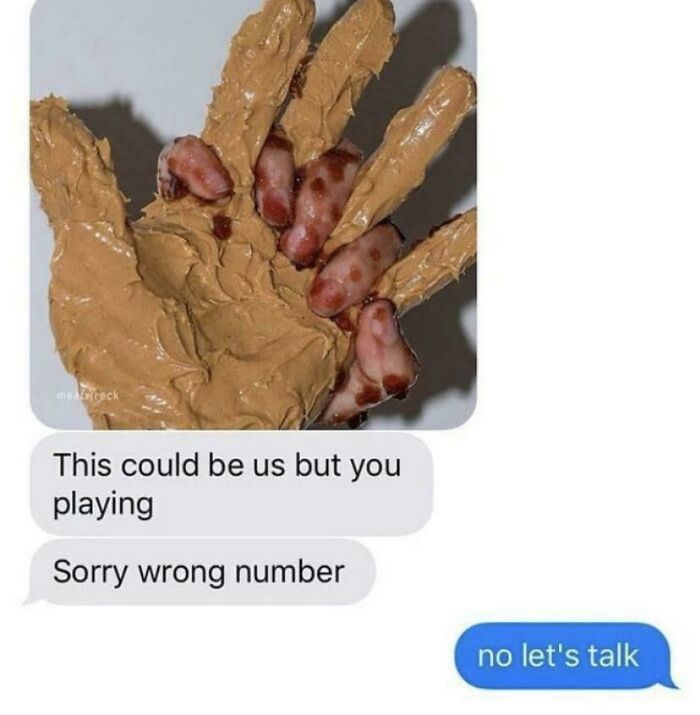 Funny messages about the wrong recipient with peanut butter on a hand and humorous text conversation.