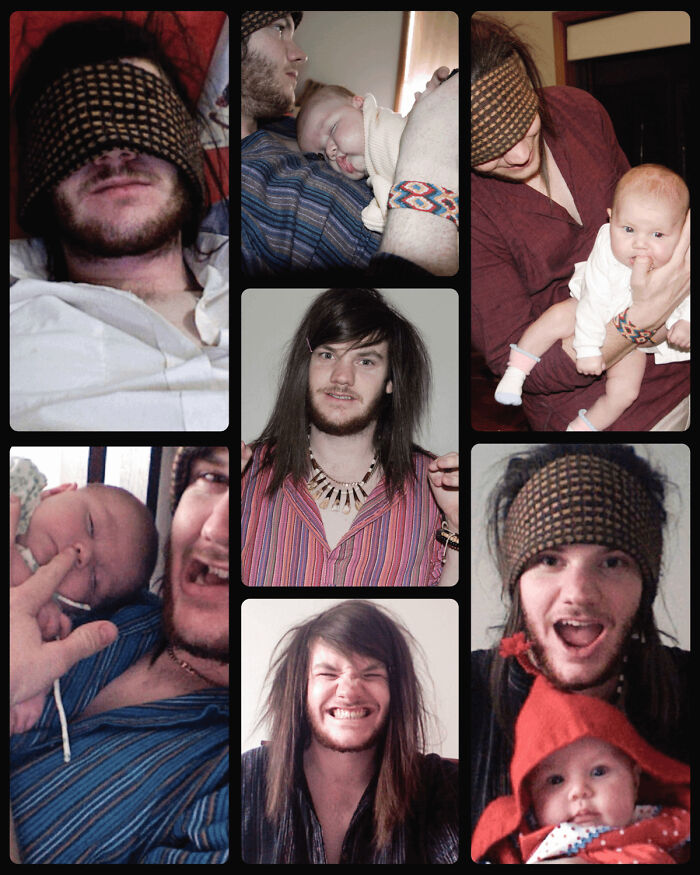 Collage of regrettable past pics showing a man with long hair and a baby in various candid moments.