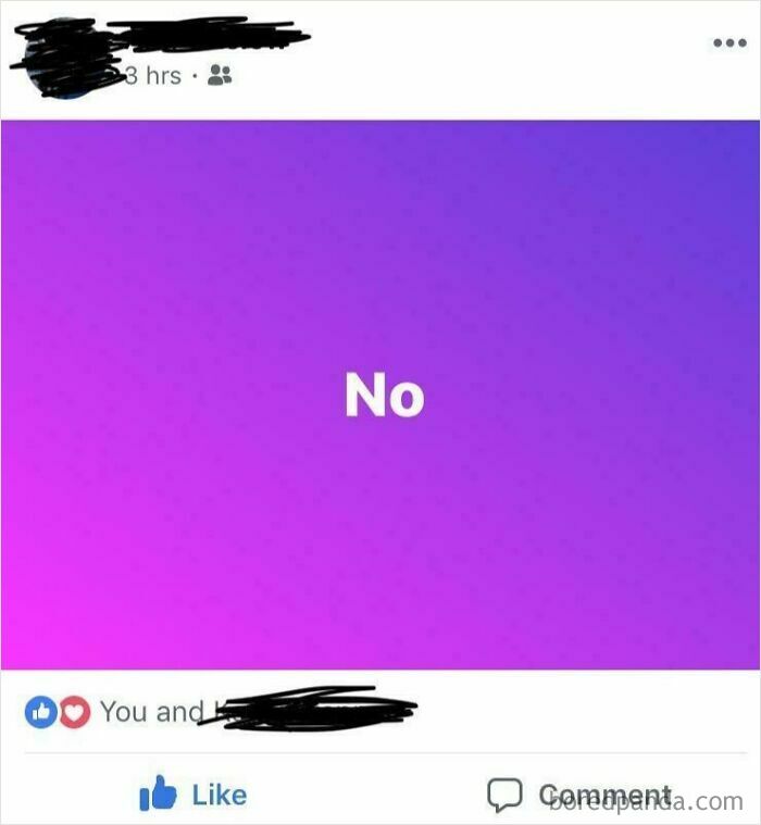 Social media post with the word "No" on a purple background, illustrating boomers' social media fails.