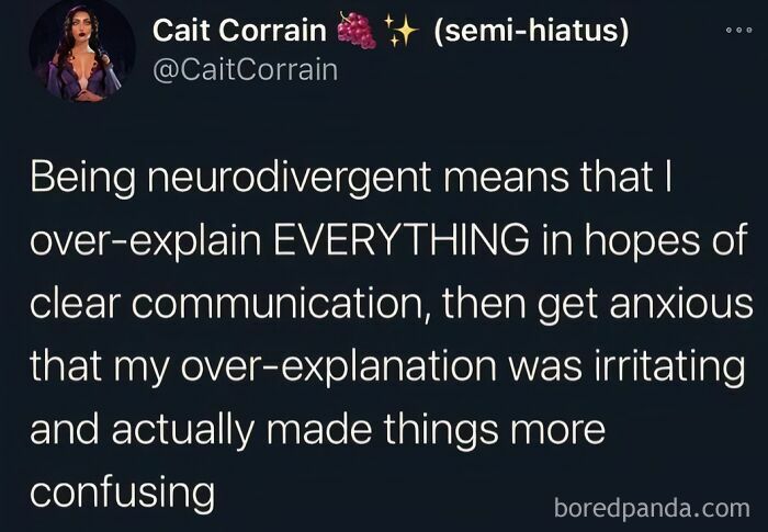 Twitter post about the anxiety of over-explaining relates to mental health memes.