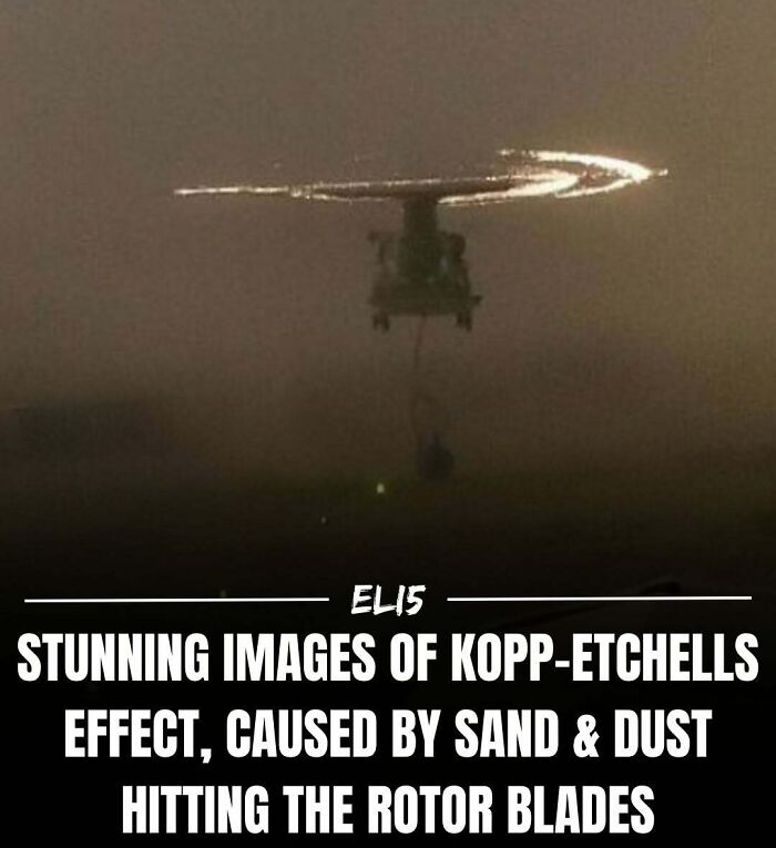 Helicopter displaying Kopp-Etchells effect, with sand and dust illuminating rotor blades in stunning light display.