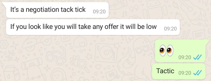 Misspelled word in a negotiation text message, with "tactic" corrected below.