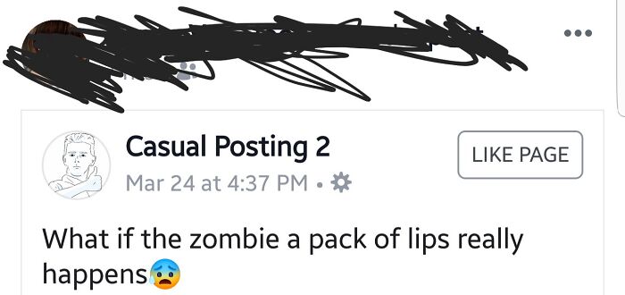 Social media post with ridiculous word spellings, questioning zombie scenarios and grammar errors, with a surprised emoji.
