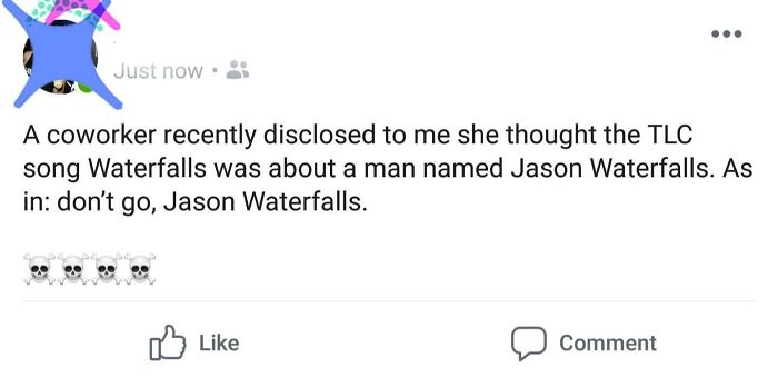Social media post humorously highlighting ridiculous word spellings in song lyrics with a story about "Jason Waterfalls."