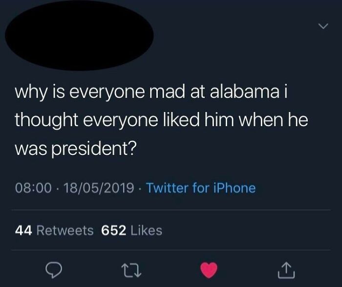 Tweet with ridiculous spelling confusing Alabama with a president, showing 44 retweets and 652 likes.