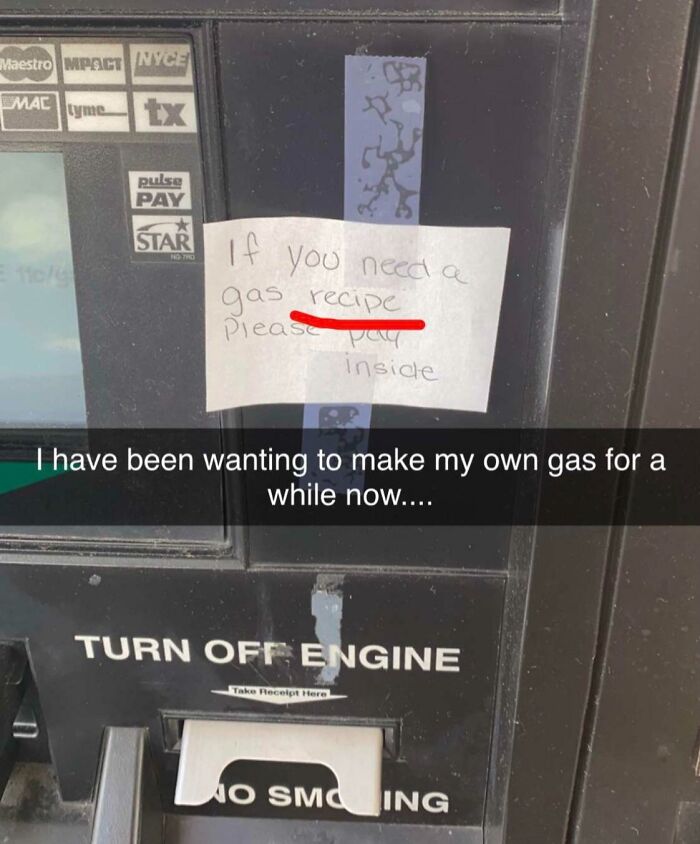 Note with spelling error "recipe" instead of "receipt" taped to a gas pump, showcasing ridiculous word spellings.
