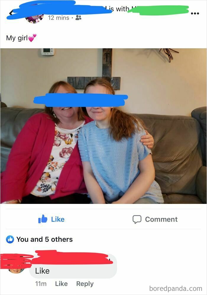Mother and daughter sitting on a couch, showcasing a boomer's social media moment with blurred names.