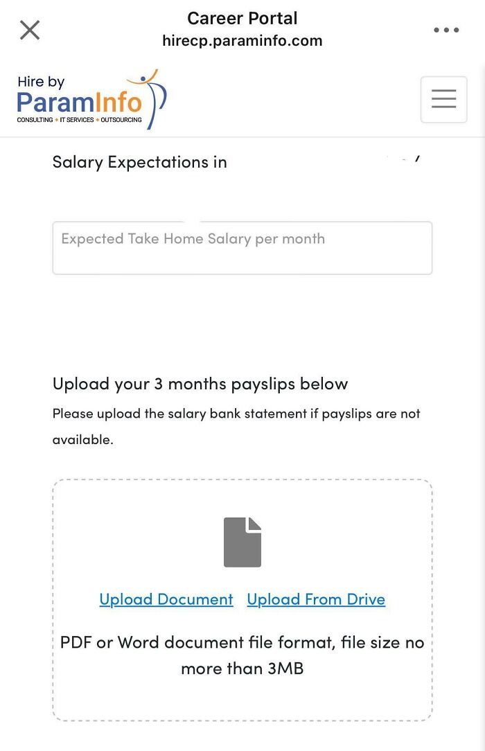 Career portal asks for salary expectations and three months of payslips upload, showcasing recruiting challenges.