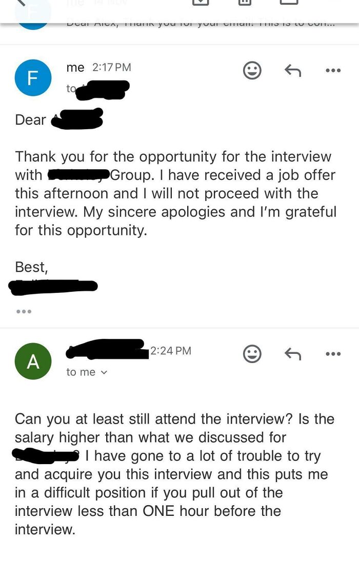 Email exchange highlighting a "recruiting hell" scenario with interview cancellation conflict.