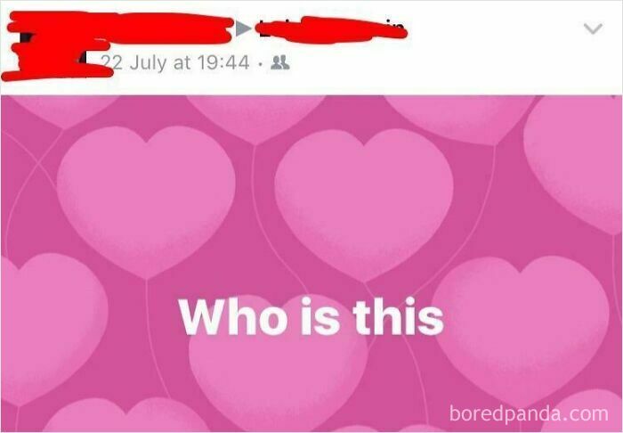 Social media post with pink hearts background and text saying "Who is this," illustrating boomers' social media fails.