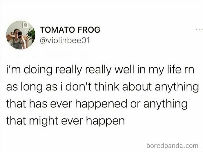Relatable mental health meme with humorous text about managing life by avoiding overthinking.