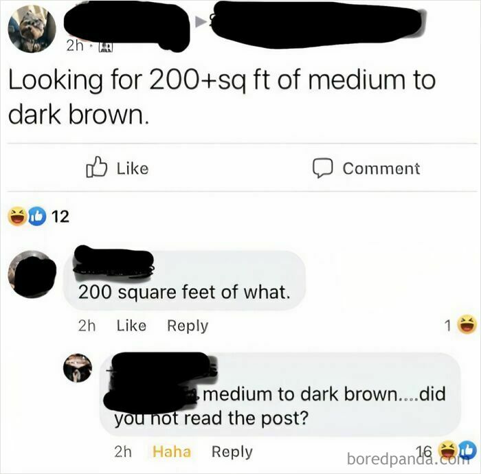 Social media post showing a humorous misunderstanding about 200 sq ft of "medium to dark brown" by boomers.