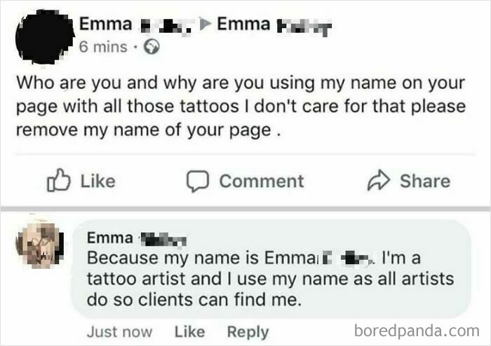 Boomers social media fails example: Misunderstanding over name usage in tattoo artist's Facebook post.