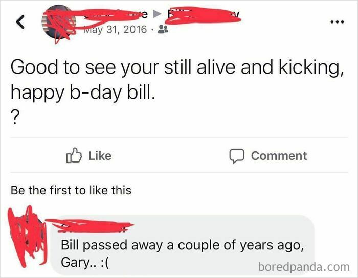 Boomers social media fail with an awkward birthday greeting and reply about someone's passing.