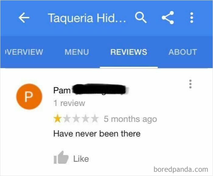 Boomers social media fail: one-star review stating, "Have never been there," on a restaurant review page.