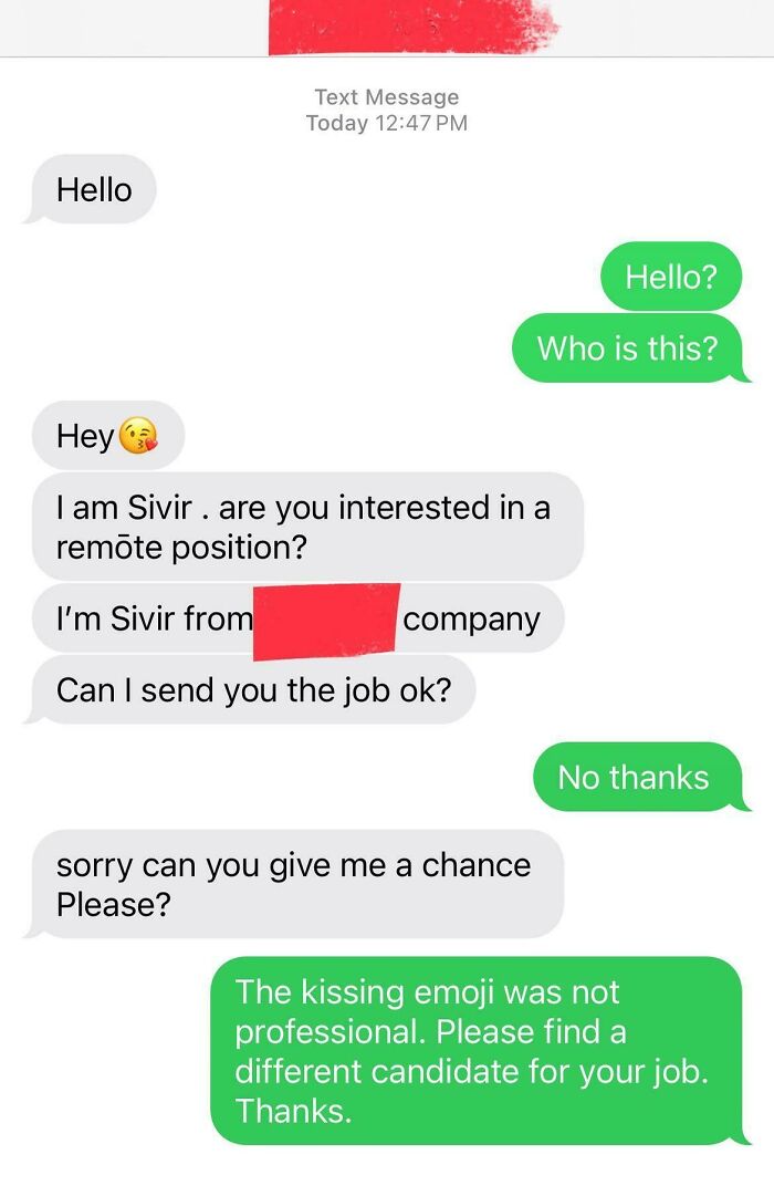 Text exchange showing an unprofessional recruitment message that highlights "recruiting hell" experiences.