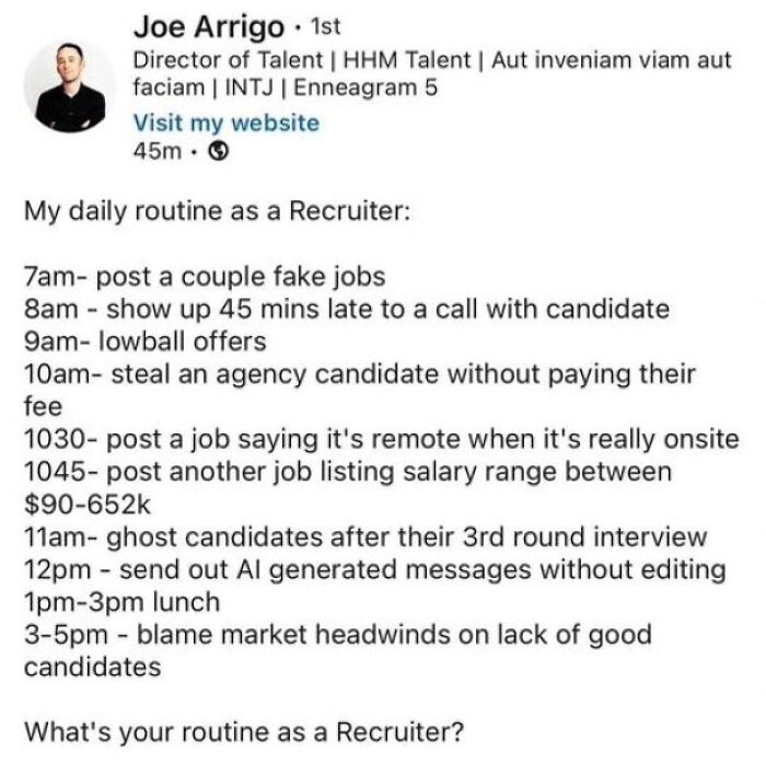"Satirical recruiting schedule highlighting 'Recruiting Hell' with fake jobs, ghosting, and misleading offers."