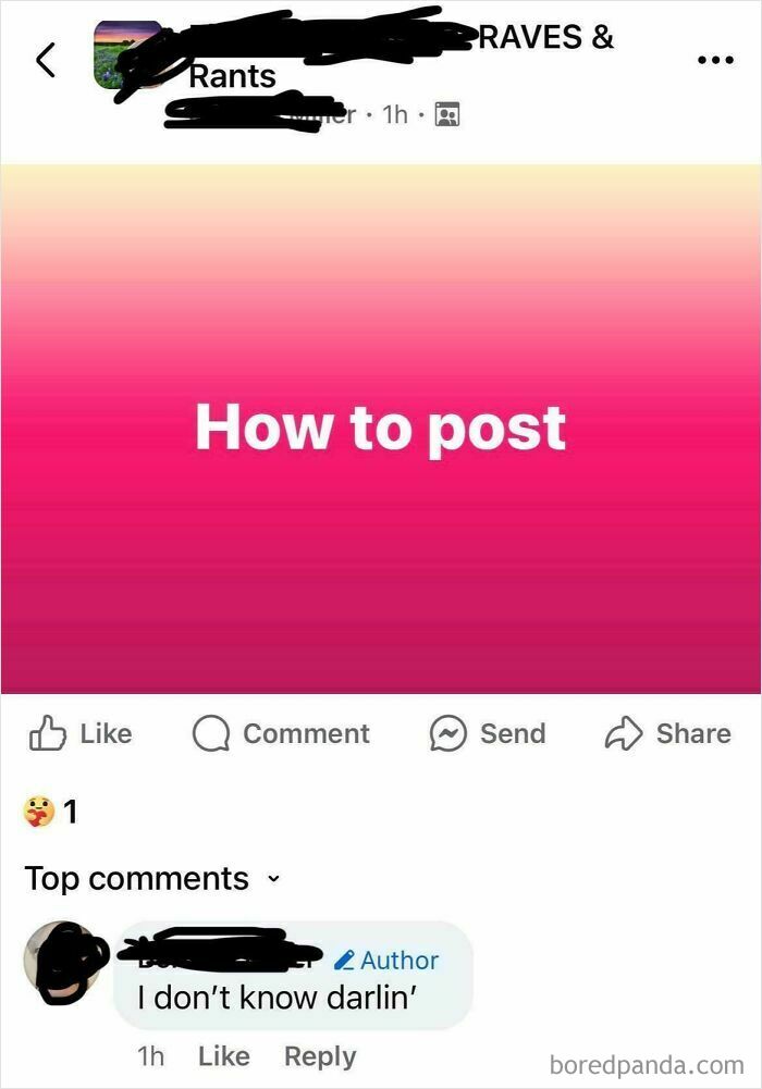 Social media post with text "How to post" and a comment saying "I don't know darlin'," highlighting boomers' social media fails.