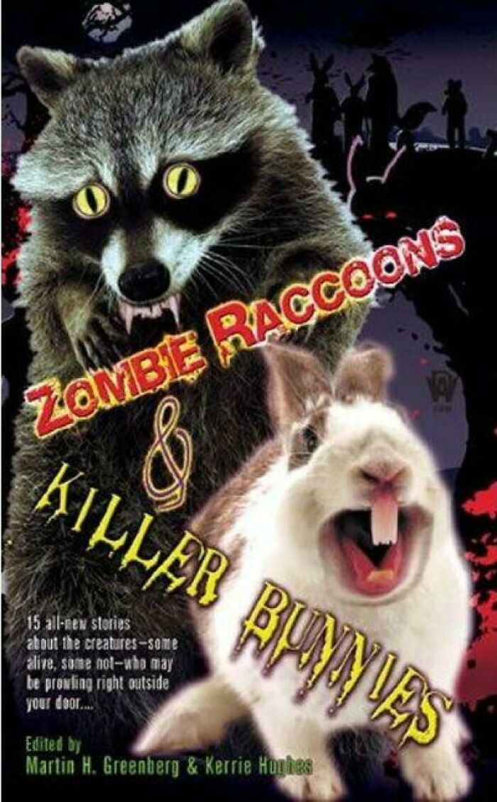 Terrible book cover featuring a zombie raccoon and a killer bunny with glowing eyes in a spooky setting.