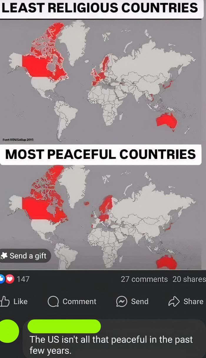 Map of least religious and most peaceful countries; comment stating the US isn't peaceful recently.