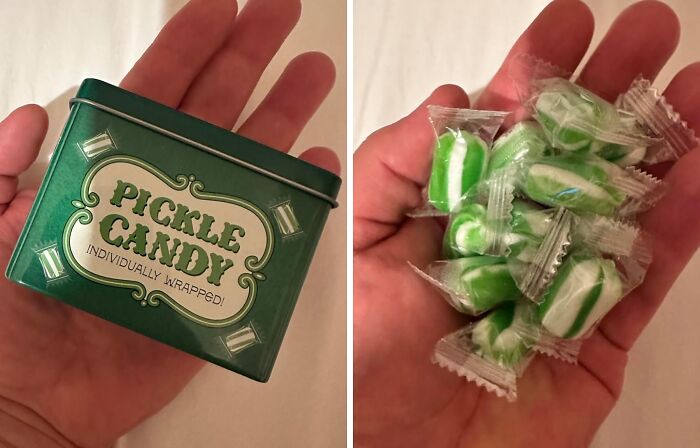 Green tin of pickle candy by Archie McPhee shown in hand, with individually wrapped candies.