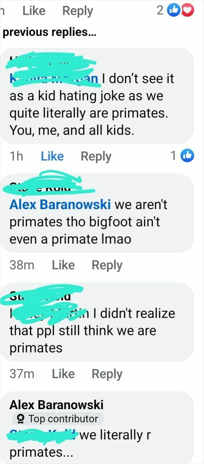 Facebook thread of people humorously debating if humans are primates.