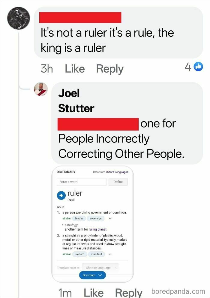 Social media exchange highlighting incorrect correction about the word 'ruler' with dictionary definition shown.