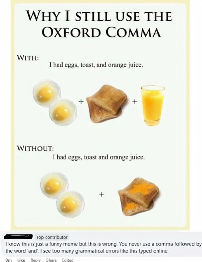 Meme illustrating the importance of the Oxford comma with a humorous comment below.