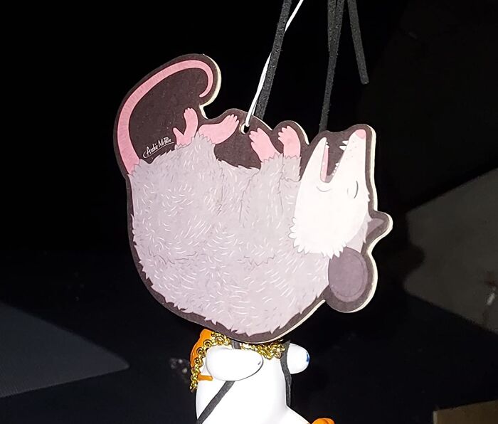 Archie Mcphee item featuring a hanging possum air freshener with a cartoonish design on a black background.
