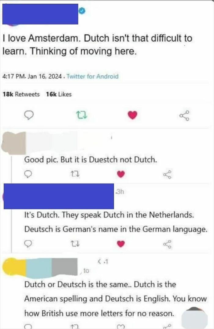 Social media exchange showing incorrect correction about Dutch and Deutsch languages.