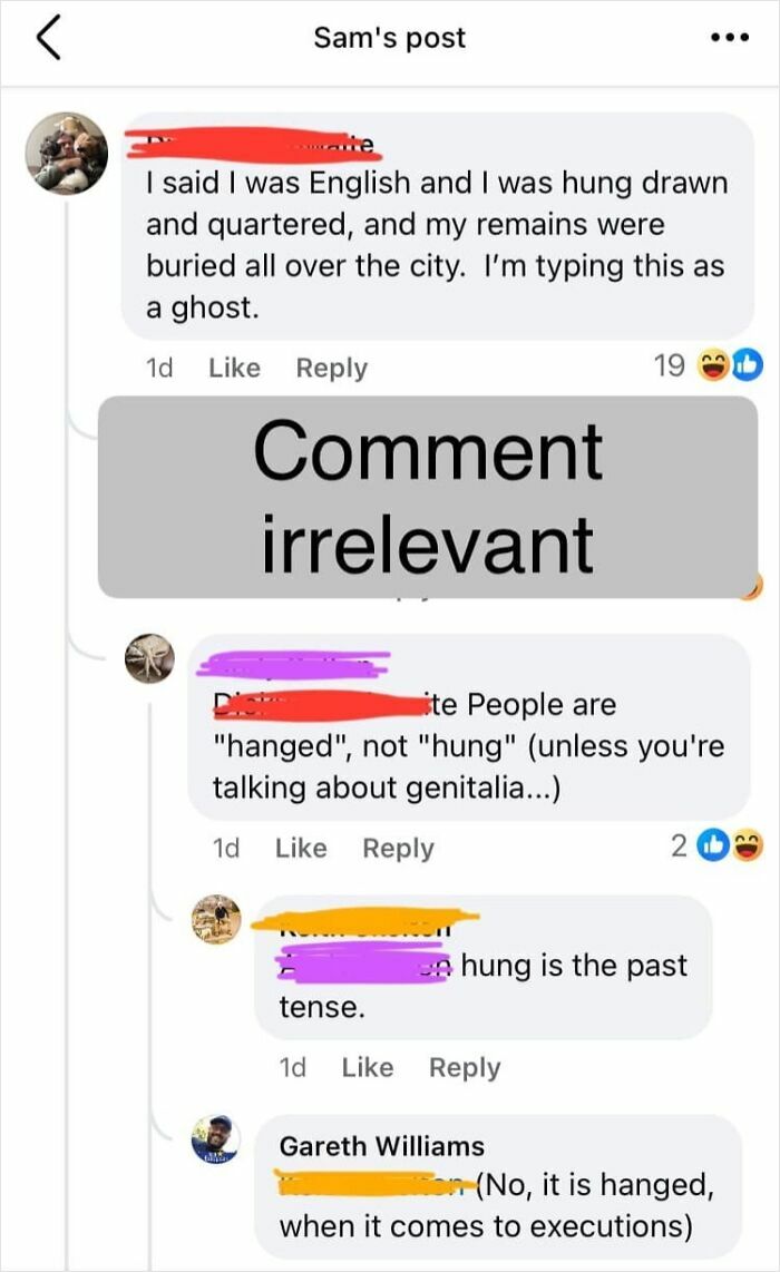 Facebook comment thread with incorrect corrections about the use of "hanged" versus "hung."