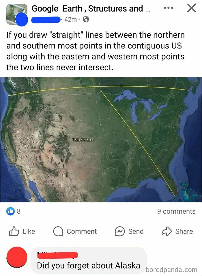 Map post with lines across the US and a comment humorously correcting by mentioning Alaska, showcasing courage over brains.